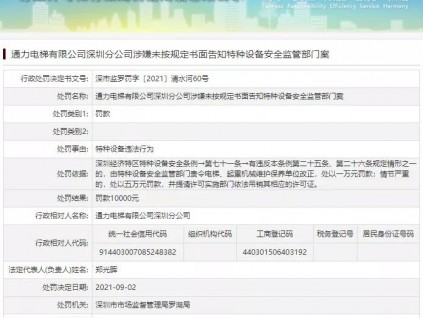 通力電梯深圳分公司被罰1萬(wàn)元！