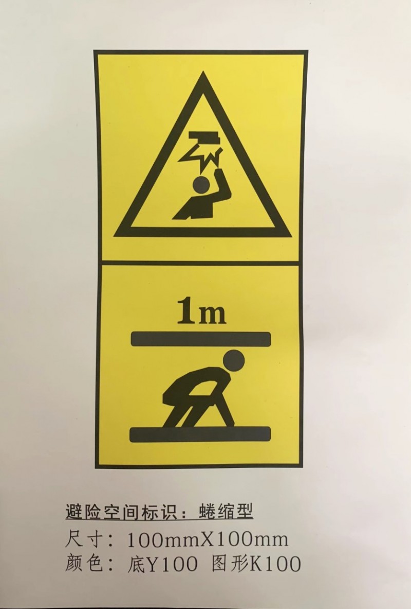 躺下型蜷縮型站立型對(duì)重緩沖器最大最小允許距離不干膠安全警示標(biāo)識(shí)，2022新標(biāo)準(zhǔn)