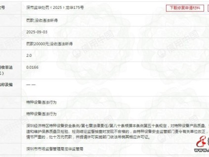 某機電深圳分公司維保的電梯經(jīng)監(jiān)督抽查不合格 罰沒20166元