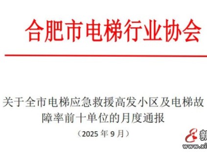 合肥電梯協(xié)會通報全市電梯應(yīng)急救援高發(fā)小區(qū)及電梯故障率前十單位